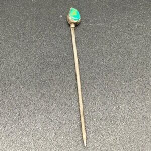 Rare Fred Harvey–Era Sterling Turquoise Stick Pin 3″ Green Cabochon Southwest‎